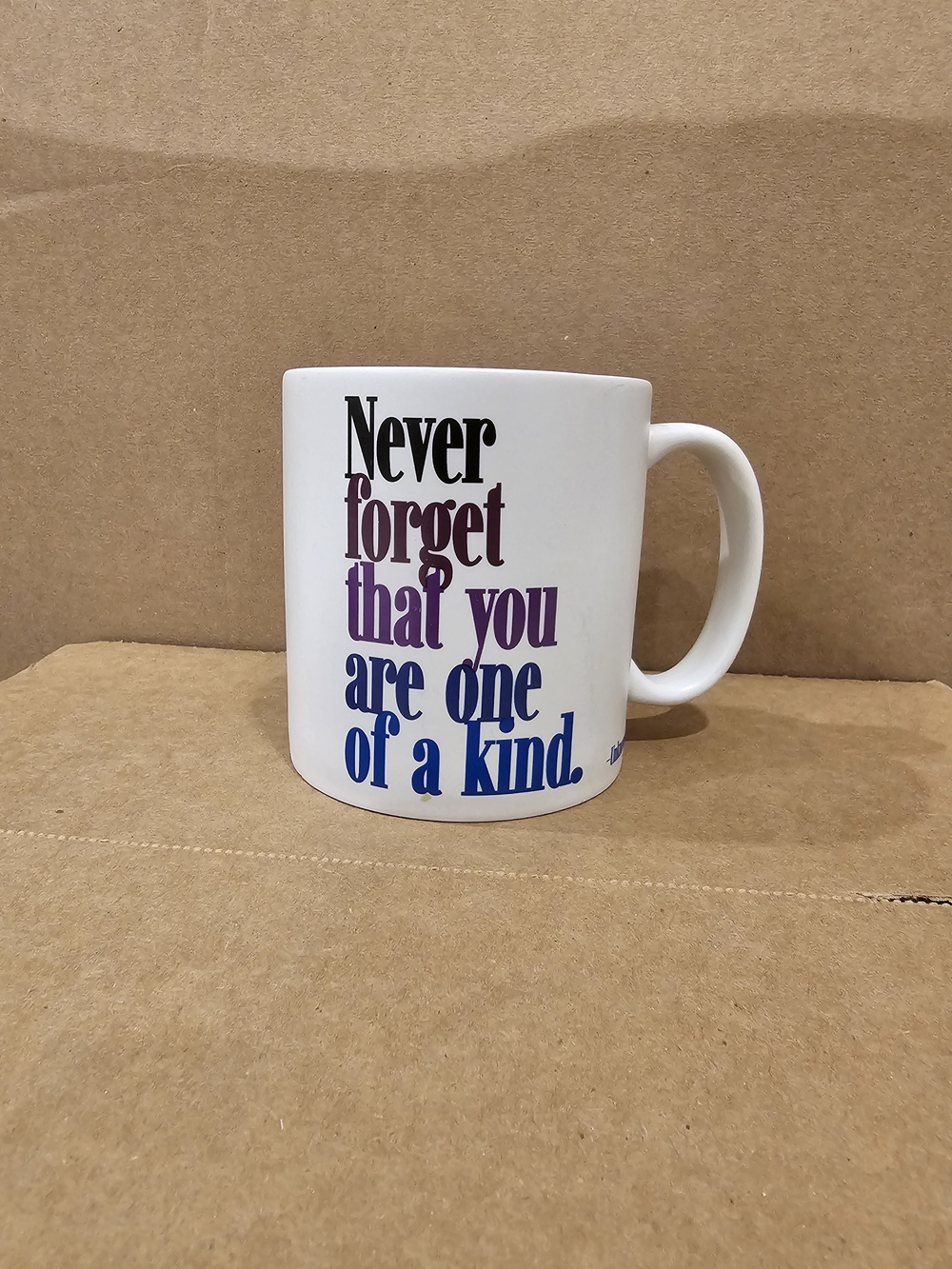 White Ceramic Mug with Purple and Blue Inspirational Text